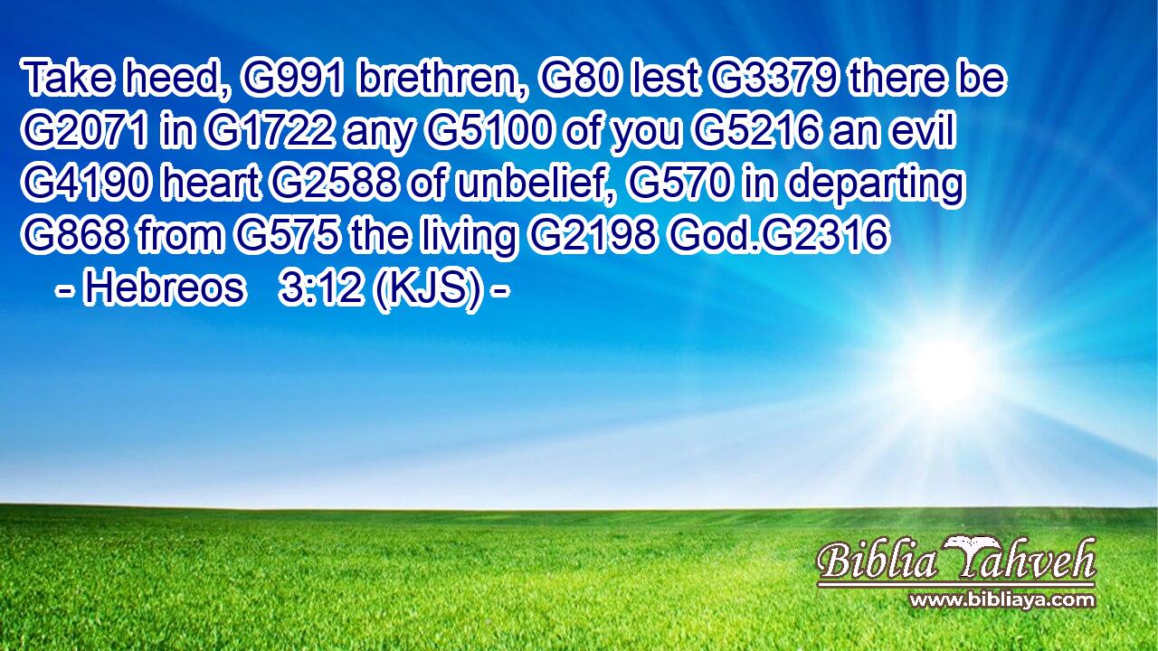 Take heed, G991 brethren, G80 lest G3379 there be G2071 in G1722 any G5100 of you G5216 an evil G4190 heart G2588 of unbelief, G570 in departing G868 from G575 the living G2198 God.G2316