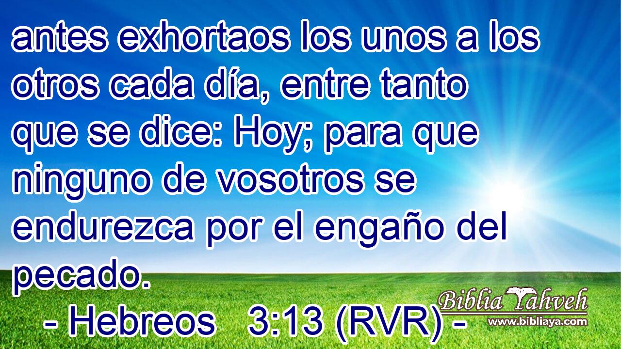 antes exhortaos los unos a los otros cada día, entre tanto que se dice: Hoy; para que ninguno de vosotros se endurezca por el engaño del pecado.