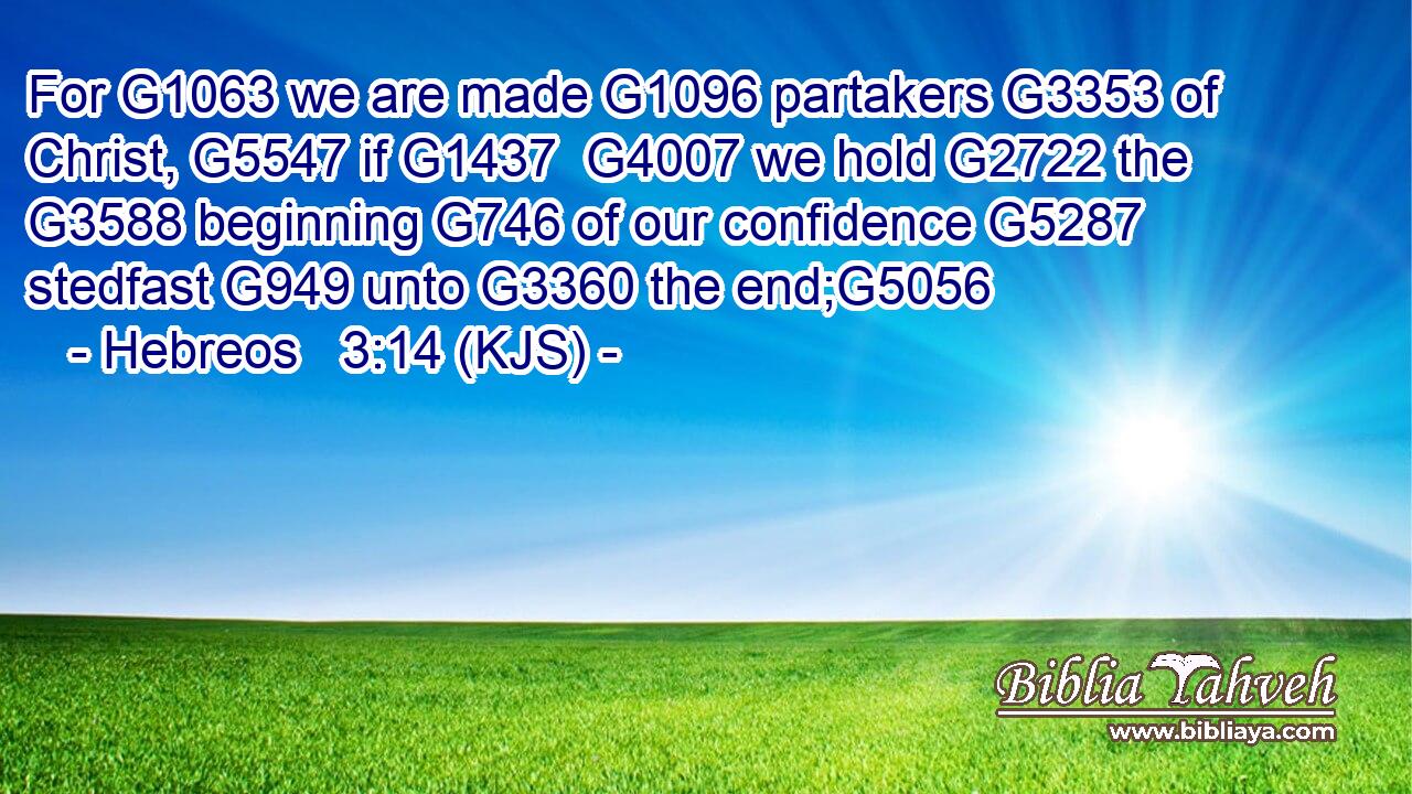 For G1063 we are made G1096 partakers G3353 of Christ, G5547 if G1437  G4007 we hold G2722 the G3588 beginning G746 of our confidence G5287 stedfast G949 unto G3360 the end;G5056