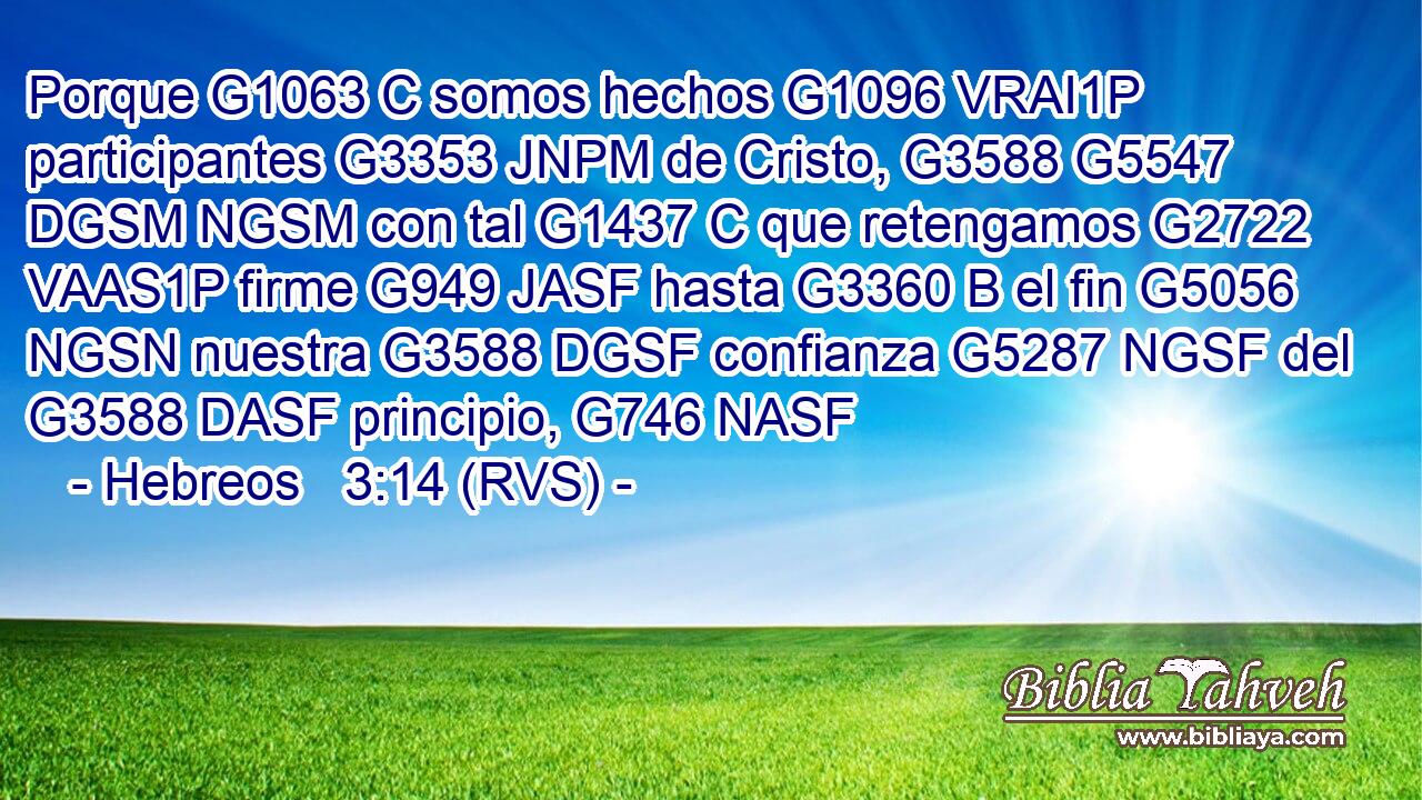 Porque G1063 C somos hechos G1096 VRAI1P participantes G3353 JNPM de Cristo, G3588 G5547 DGSM NGSM con tal G1437 C que retengamos G2722 VAAS1P firme G949 JASF hasta G3360 B el fin G5056 NGSN nuestra G3588 DGSF confianza G5287 NGSF del G3588 DASF principio, G746 NASF 