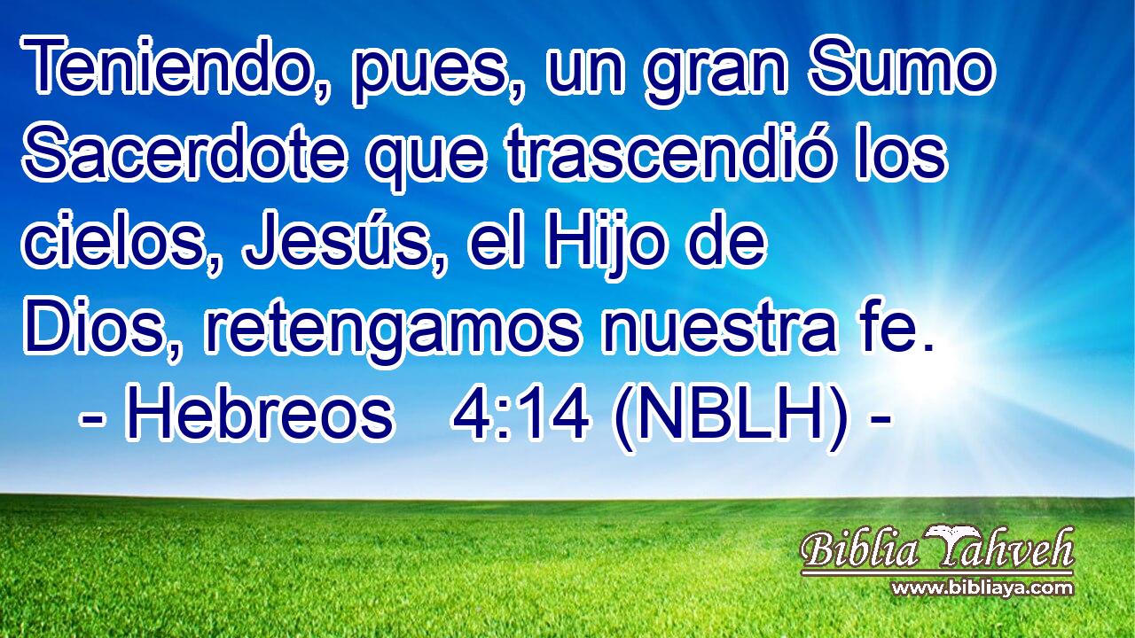  Teniendo, pues, un gran Sumo Sacerdote que trascendió los cielos, Jesús, el Hijo de Dios, retengamos nuestra fe. 