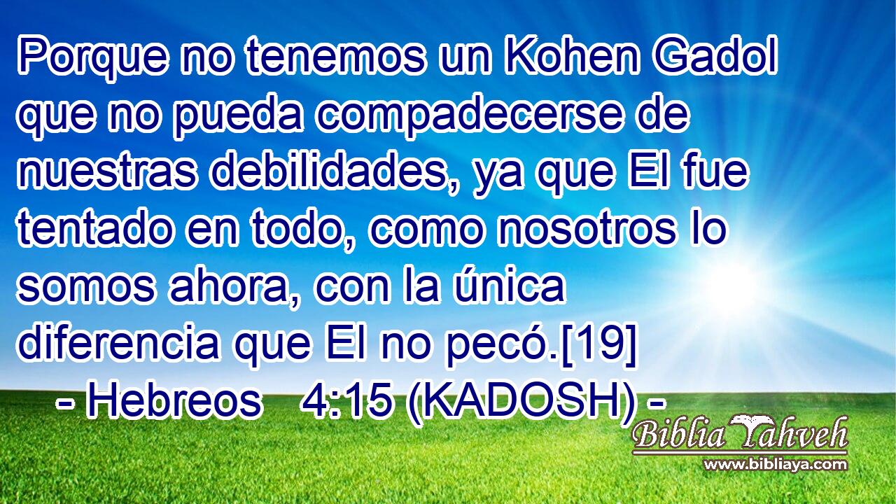  Porque no tenemos un Kohen Gadol que no pueda compadecerse de nuestras debilidades, ya que El fue tentado en todo, como nosotros lo somos ahora, con la única diferencia que El no pecó.[19] 