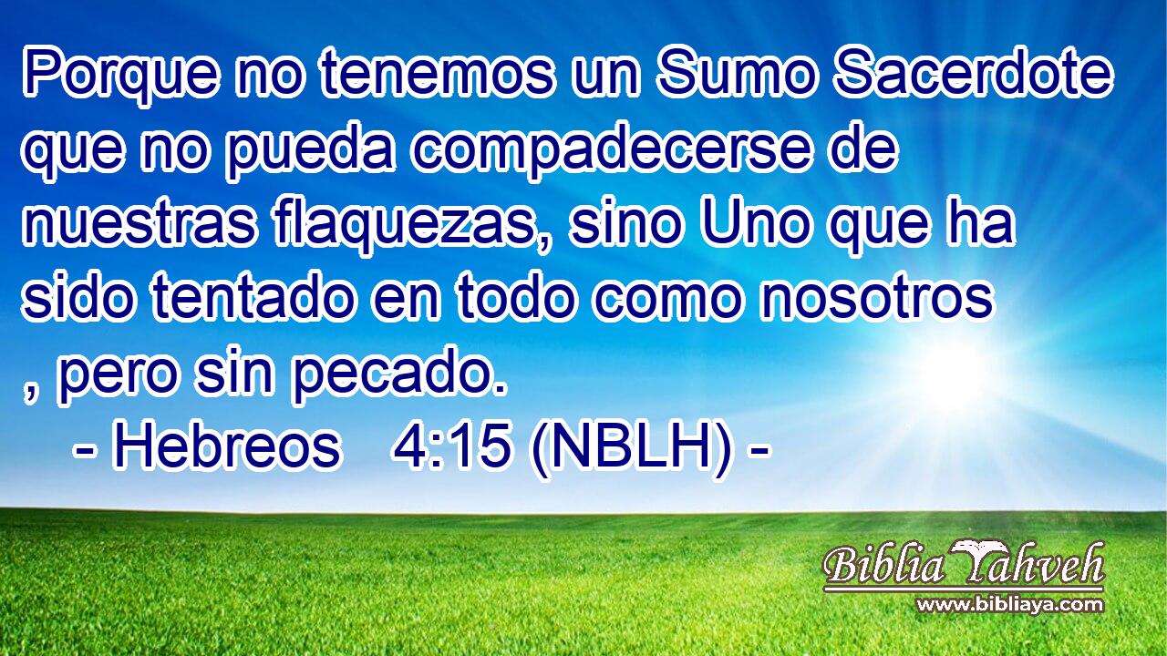  Porque no tenemos un Sumo Sacerdote que no pueda compadecerse de nuestras flaquezas, sino Uno que ha sido tentado en todo como nosotros , pero sin pecado. 