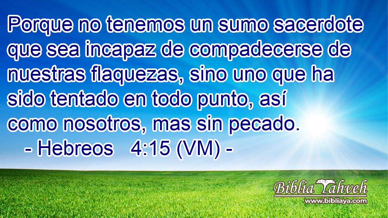  Porque no tenemos un sumo sacerdote que sea incapaz de compadecerse de nuestras flaquezas, sino uno que ha sido tentado en todo punto, así como nosotros, mas sin pecado. 