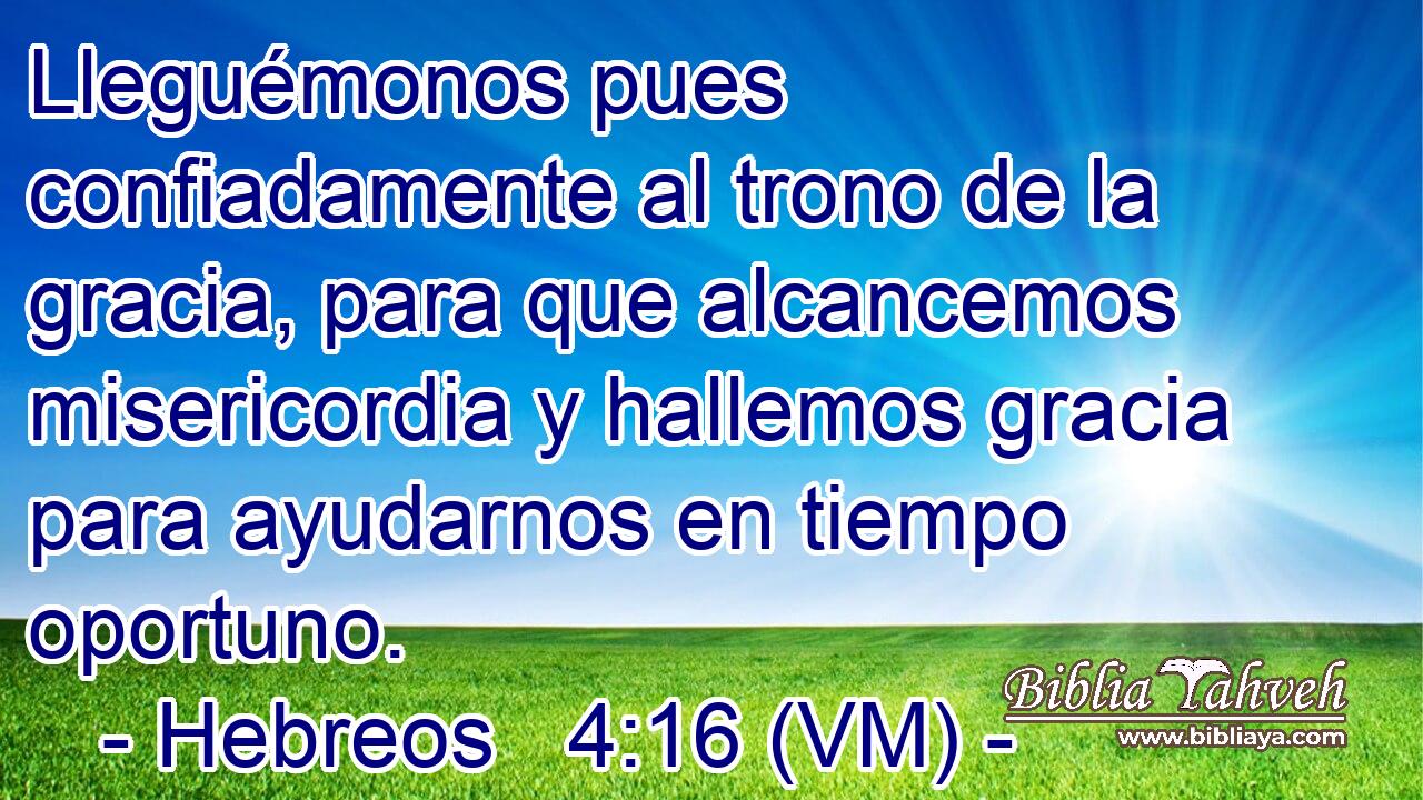  Lleguémonos pues confiadamente al trono de la gracia, para que alcancemos misericordia y hallemos gracia para ayudarnos en tiempo oportuno. 