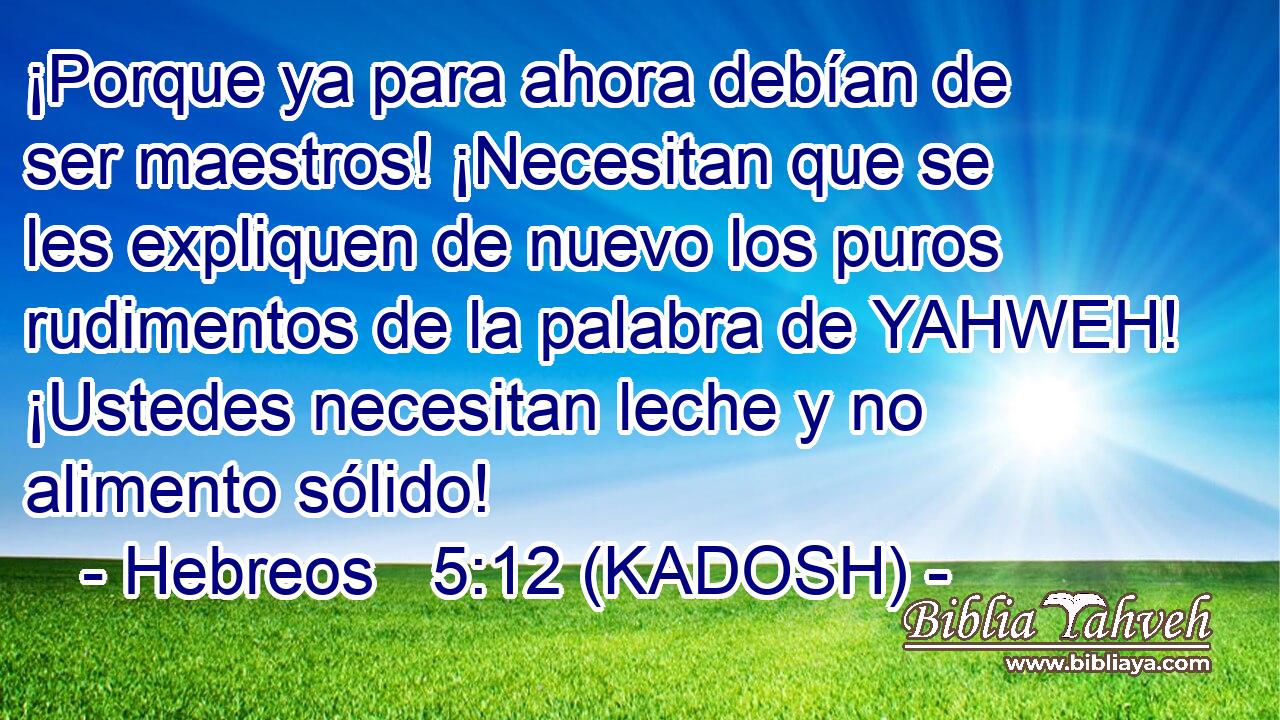  ¡Porque ya para ahora debían de ser maestros! ¡Necesitan que se les expliquen de nuevo los puros rudimentos de la palabra de YAHWEH! ¡Ustedes necesitan leche y no alimento sólido! 