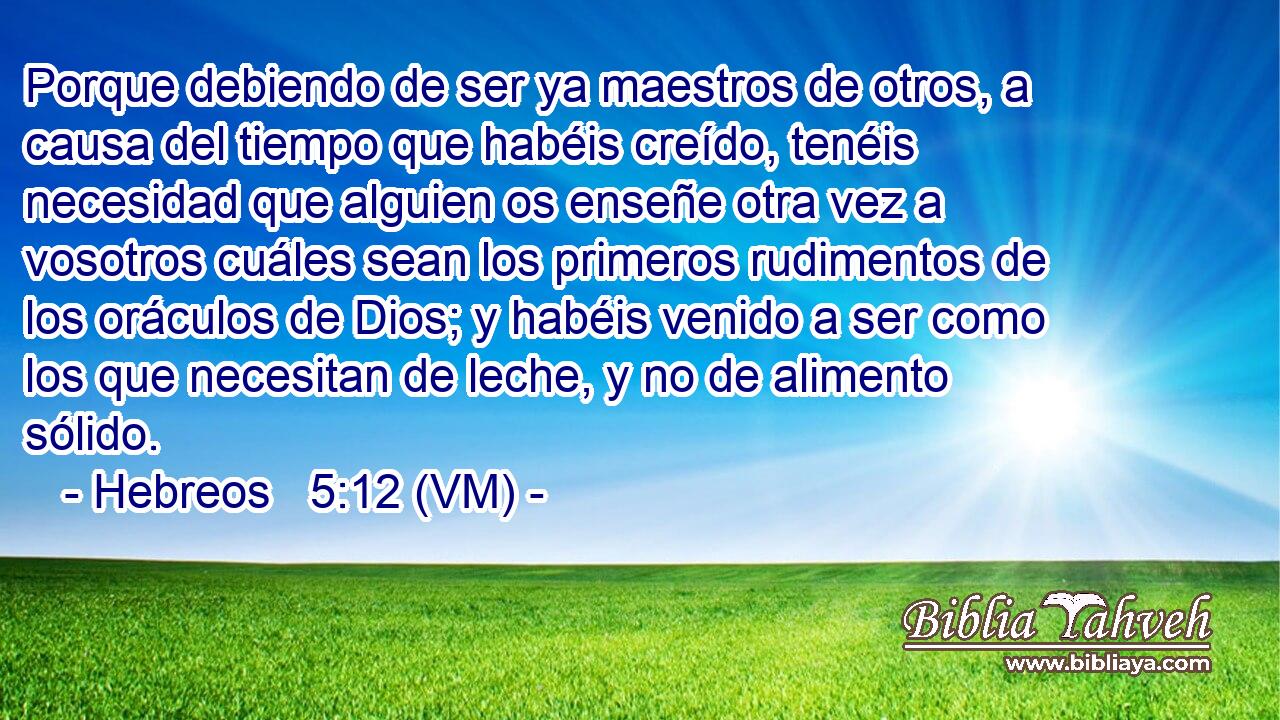  Porque debiendo de ser ya maestros de otros, a causa del tiempo que habéis creído, tenéis necesidad que alguien os enseñe otra vez a vosotros cuáles sean los primeros rudimentos de los oráculos de Dios; y habéis venido a ser como los que necesitan de leche, y no de alimento sólido. 