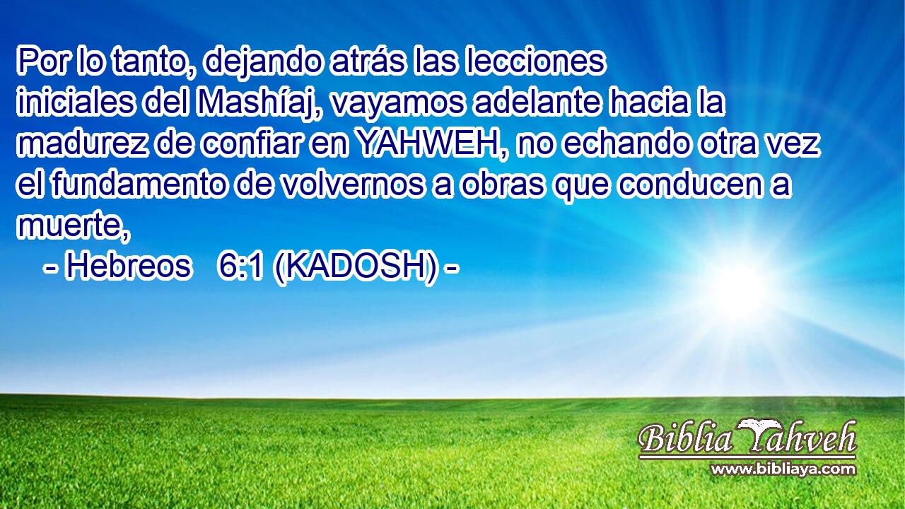  Por lo tanto, dejando atrás las lecciones iniciales del Mashíaj, vayamos adelante hacia la madurez de confiar en YAHWEH, no echando otra vez el fundamento de volvernos a obras que conducen a muerte, 