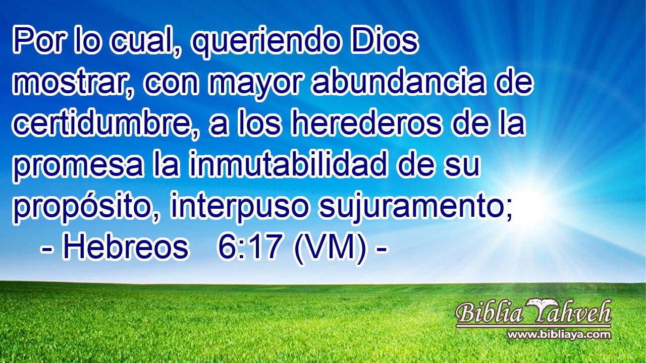 Por lo cual, queriendo Dios mostrar, con mayor abundancia de certidumbre, a los herederos de la promesa la inmutabilidad de su propósito, interpuso sujuramento; 