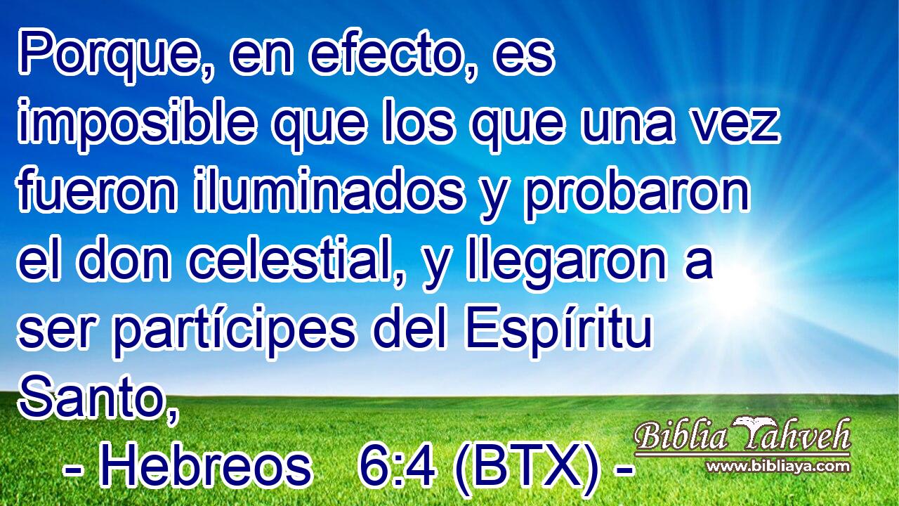Porque, en efecto, es imposible que los que una vez fueron iluminados y probaron el don celestial, y llegaron a ser partícipes del Espíritu Santo,