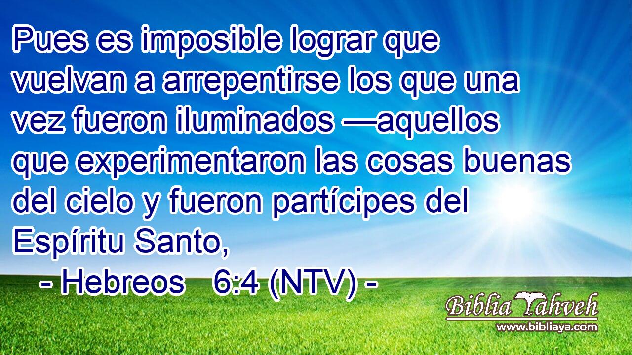 Pues es imposible lograr que vuelvan a arrepentirse los que una vez fueron iluminados —aquellos que experimentaron las cosas buenas del cielo y fueron partícipes del Espíritu Santo,