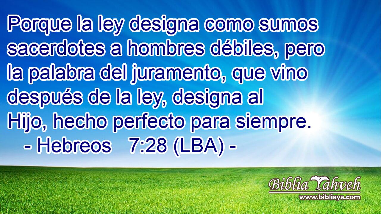 Porque la ley designa como sumos sacerdotes a hombres débiles, pero la palabra del juramento, que vino después de la ley, designa al Hijo, hecho perfecto para siempre.