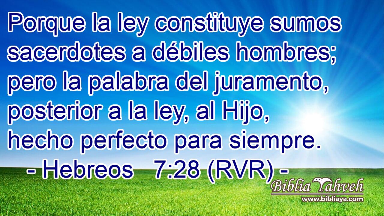 Porque la ley constituye sumos sacerdotes a débiles hombres; pero la palabra del juramento, posterior a la ley, al Hijo, hecho perfecto para siempre.