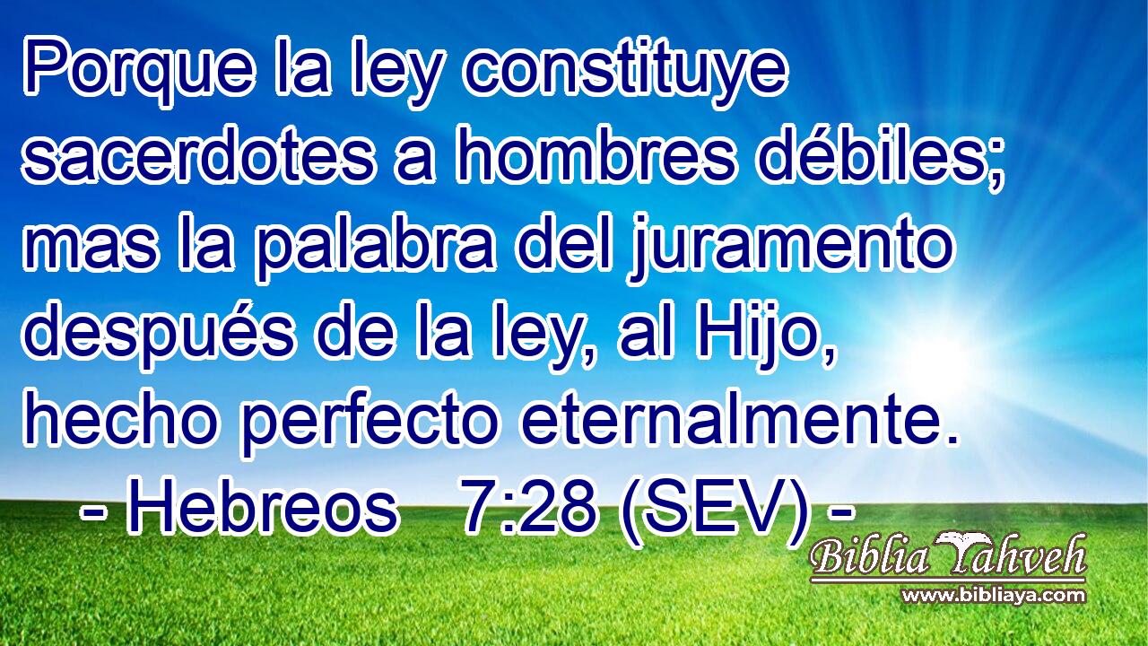 Porque la ley constituye sacerdotes a hombres débiles; mas la palabra del juramento después de la ley, al Hijo, hecho perfecto eternalmente.