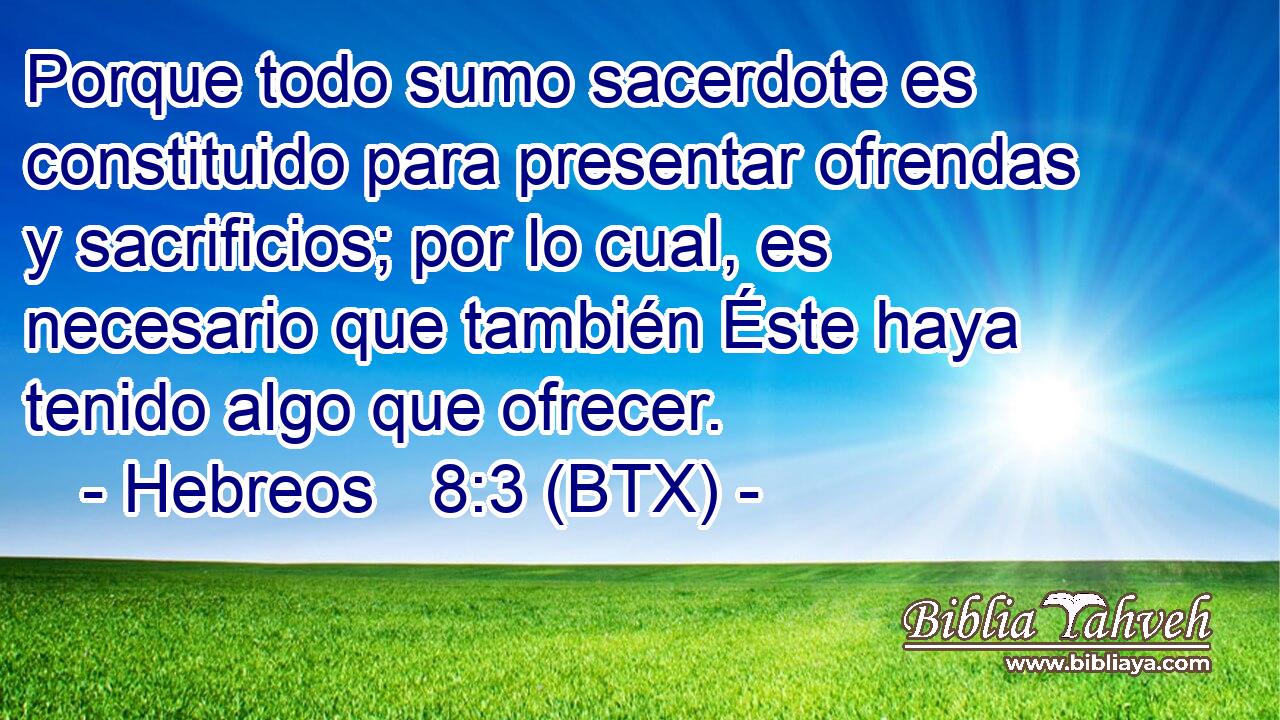 Porque todo sumo sacerdote es constituido para presentar ofrendas y sacrificios; por lo cual, es necesario que también Éste haya tenido algo que ofrecer.