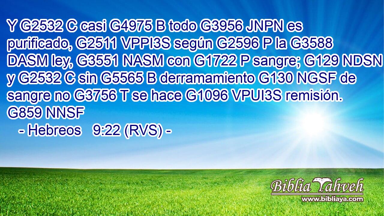 Y G2532 C casi G4975 B todo G3956 JNPN es purificado, G2511 VPPI3S según G2596 P la G3588 DASM ley, G3551 NASM con G1722 P sangre; G129 NDSN y G2532 C sin G5565 B derramamiento G130 NGSF de sangre no G3756 T se hace G1096 VPUI3S remisión. G859 NNSF 