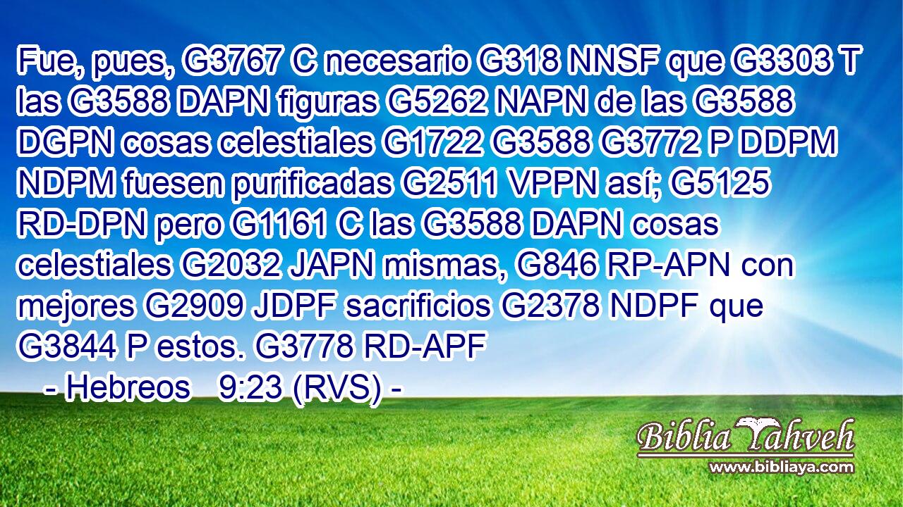 Fue, pues, G3767 C necesario G318 NNSF que G3303 T las G3588 DAPN figuras G5262 NAPN de las G3588 DGPN cosas celestiales G1722 G3588 G3772 P DDPM NDPM fuesen purificadas G2511 VPPN así; G5125 RD-DPN pero G1161 C las G3588 DAPN cosas celestiales G2032 JAPN mismas, G846 RP-APN con mejores G2909 JDPF sacrificios G2378 NDPF que G3844 P estos. G3778 RD-APF 