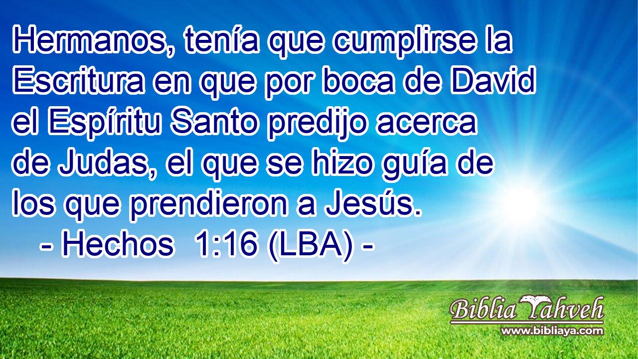 Hermanos, tenía que cumplirse la Escritura en que por boca de David el Espíritu Santo predijo acerca de Judas, el que se hizo guía de los que prendieron a Jesús.