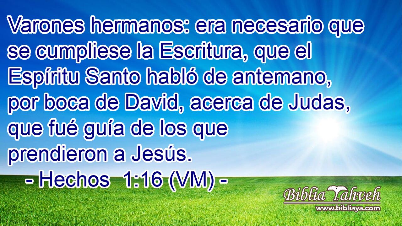  Varones hermanos: era necesario que se cumpliese la Escritura, que el Espíritu Santo habló de antemano, por boca de David, acerca de Judas, que fué guía de los que prendieron a Jesús. 