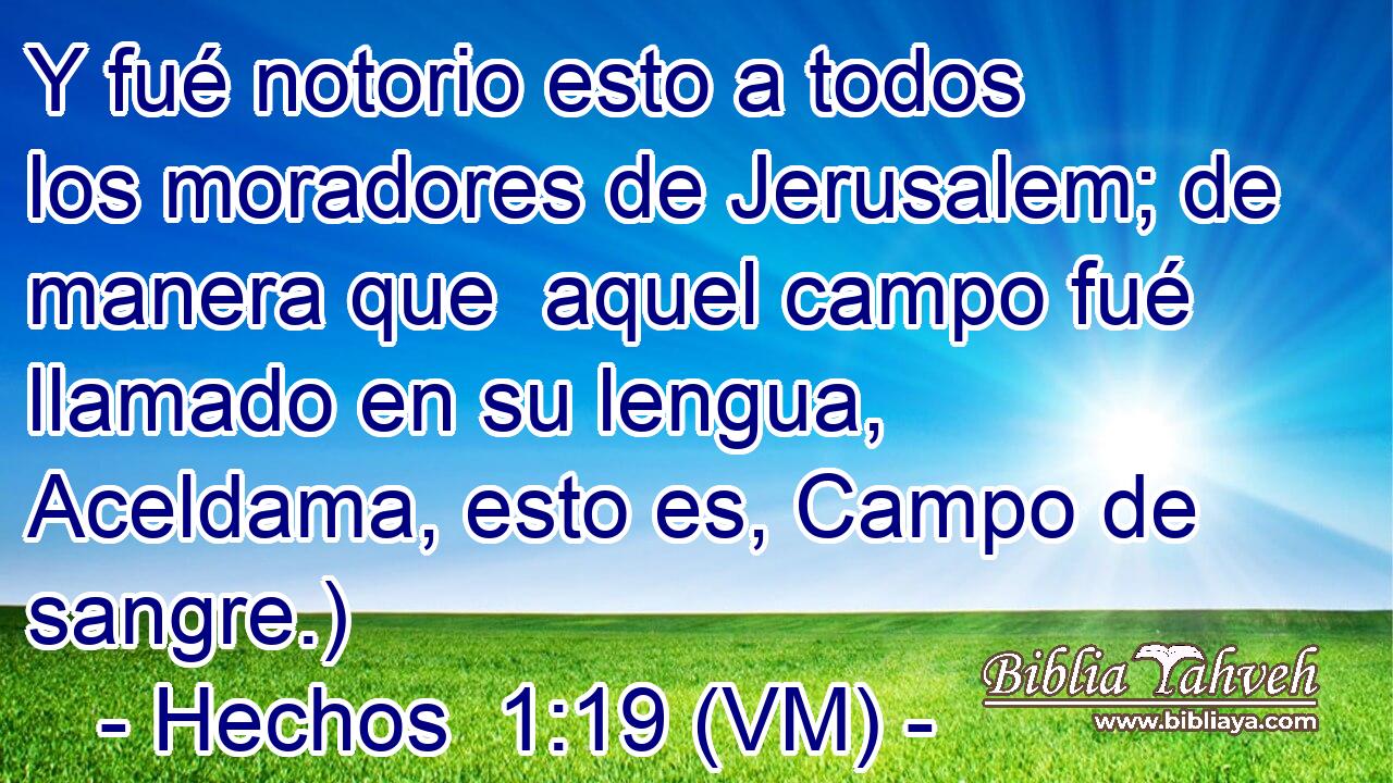  Y fué notorio esto a todos los moradores de Jerusalem; de manera que  aquel campo fué llamado en su lengua, Aceldama, esto es, Campo de sangre.) 