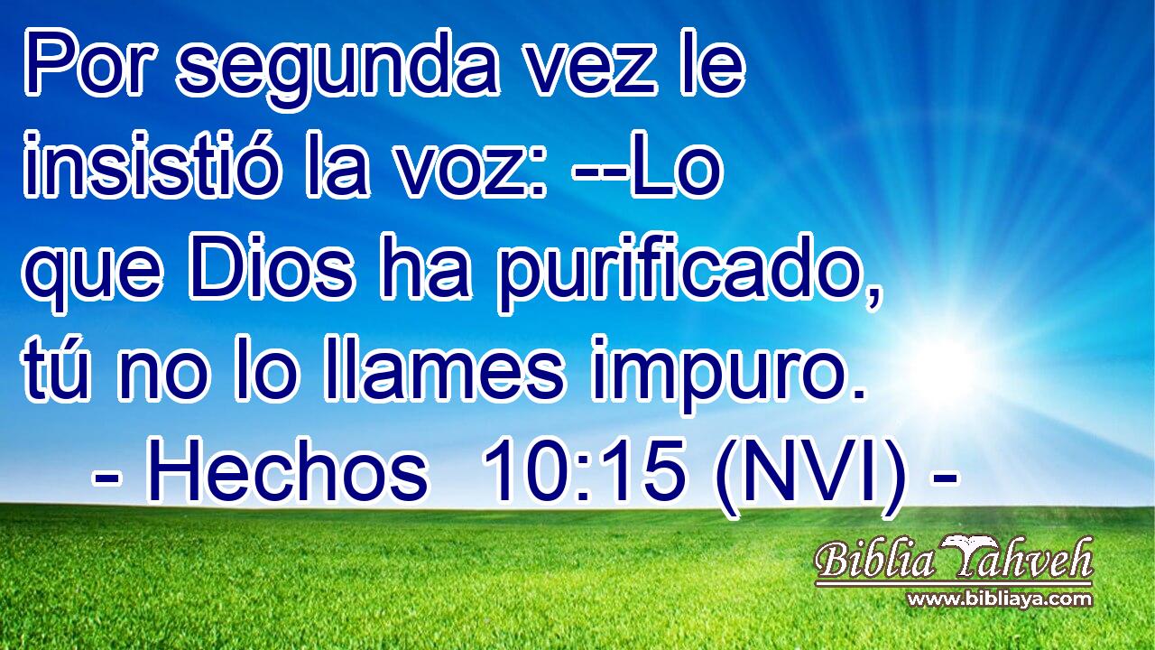  Por segunda vez le insistió la voz: --Lo que Dios ha purificado, tú no lo llames impuro. 