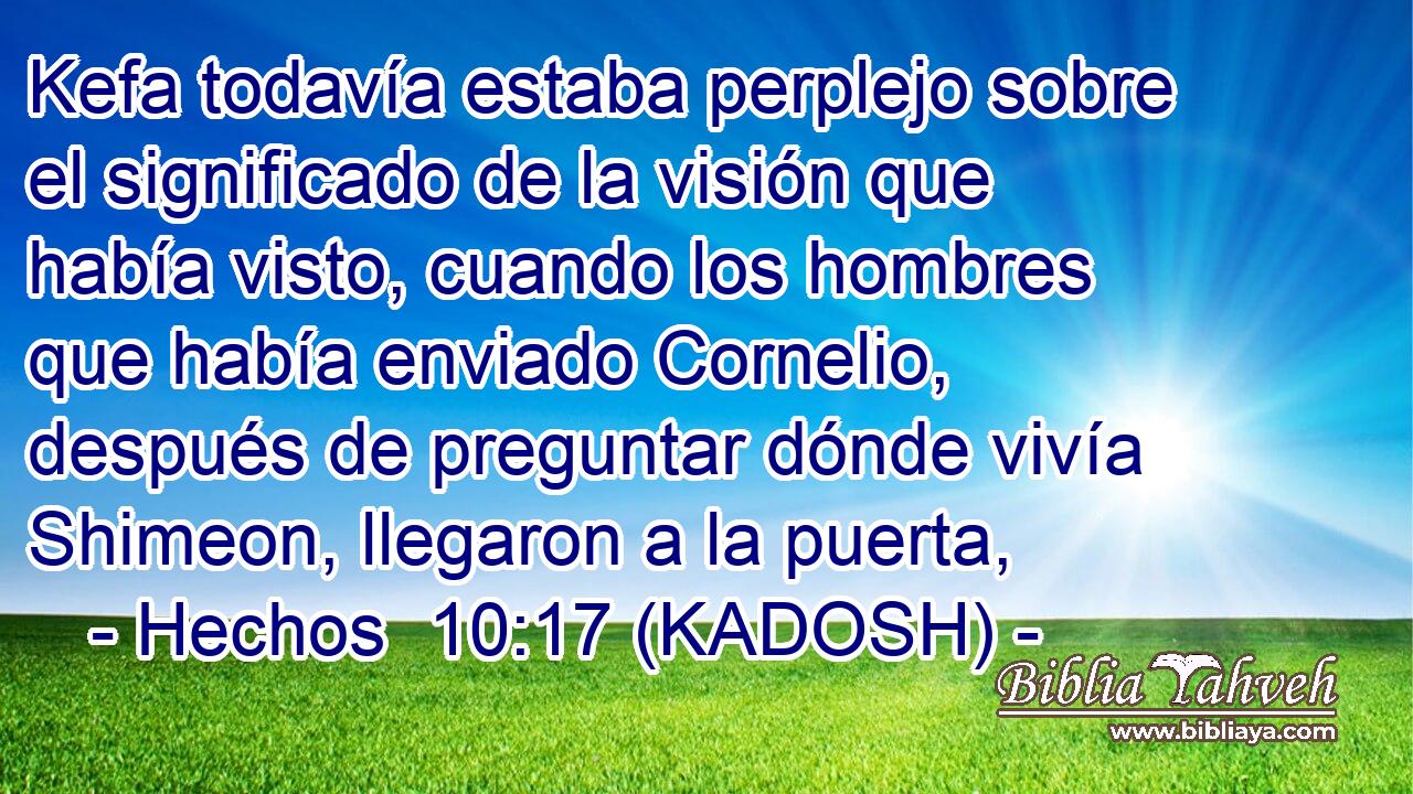  Kefa todavía estaba perplejo sobre el significado de la visión que había visto, cuando los hombres que había enviado Cornelio, después de preguntar dónde vivía Shimeon, llegaron a la puerta, 