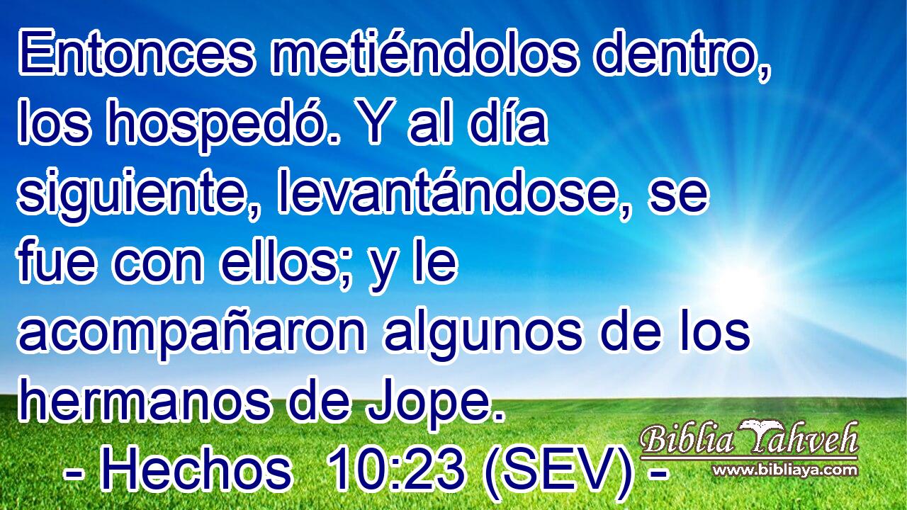 Entonces metiéndolos dentro, los hospedó. Y al día siguiente, levantándose, se fue con ellos; y le acompañaron algunos de los hermanos de Jope.