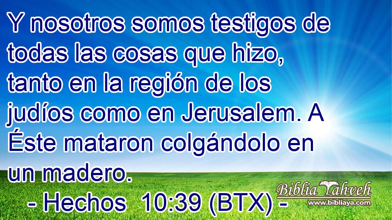 Y nosotros somos testigos de todas las cosas que hizo, tanto en la región de los judíos como en Jerusalem. A Éste mataron colgándolo en un madero.
