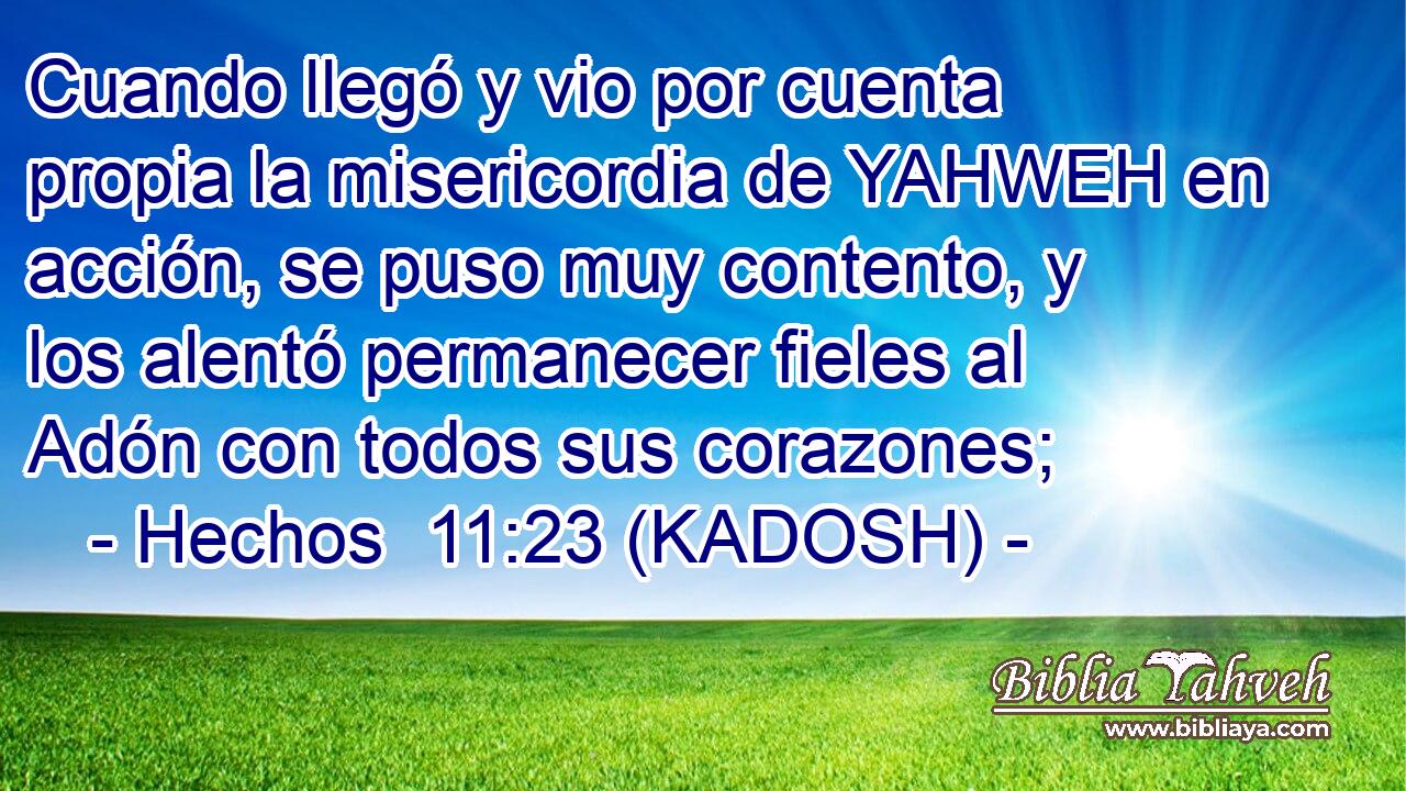  Cuando llegó y vio por cuenta propia la misericordia de YAHWEH en acción, se puso muy contento, y los alentó permanecer fieles al Adón con todos sus corazones; 