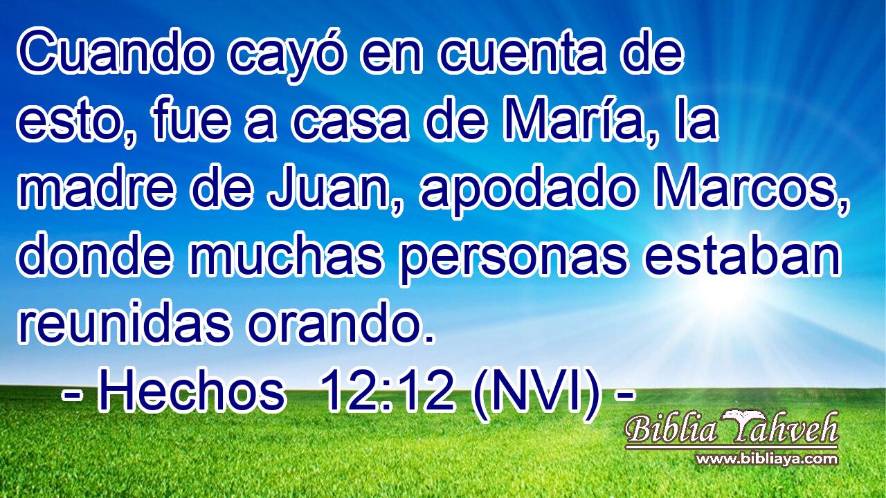  Cuando cayó en cuenta de esto, fue a casa de María, la madre de Juan, apodado Marcos, donde muchas personas estaban reunidas orando. 