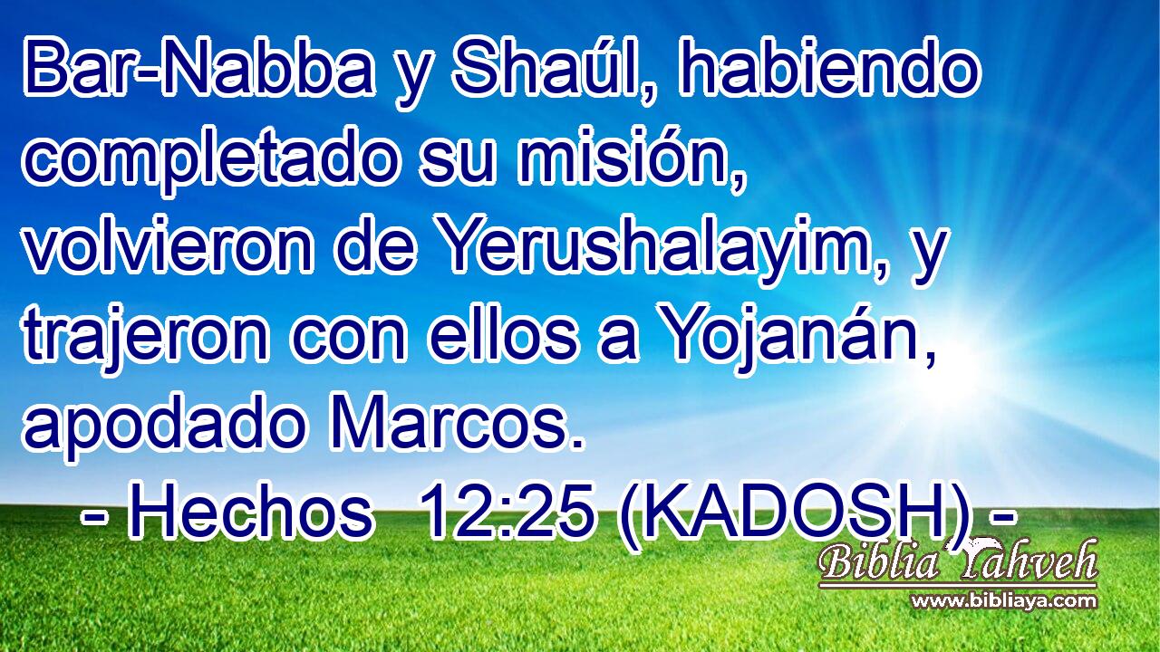  Bar-Nabba y Shaúl, habiendo completado su misión, volvieron de Yerushalayim, y trajeron con ellos a Yojanán, apodado Marcos. 