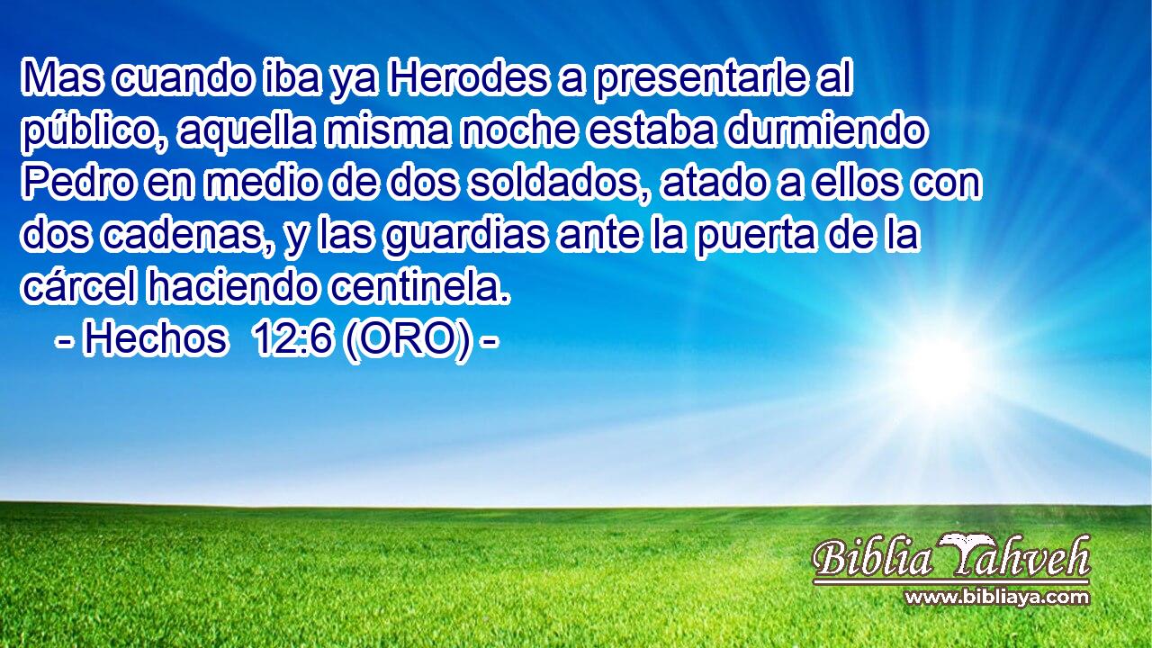  Mas cuando iba ya Herodes a presentarle al público, aquella misma noche estaba durmiendo Pedro en medio de dos soldados, atado a ellos con dos cadenas, y las guardias ante la puerta de la cárcel haciendo centinela. 