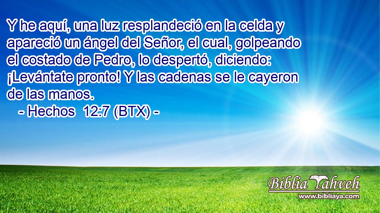 Y he aquí, una luz resplandeció en la celda y apareció un ángel del Señor, el cual, golpeando el costado de Pedro, lo despertó, diciendo: ¡Levántate pronto! Y las cadenas se le cayeron de las manos.