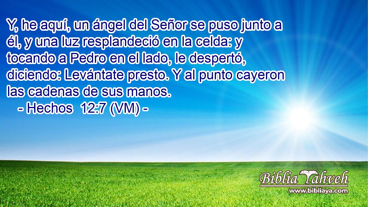  Y, he aquí, un ángel del Señor se puso junto a él, y una luz resplandeció en la celda: y tocando a Pedro en el lado, le despertó, diciendo: Levántate presto. Y al punto cayeron las cadenas de sus manos. 