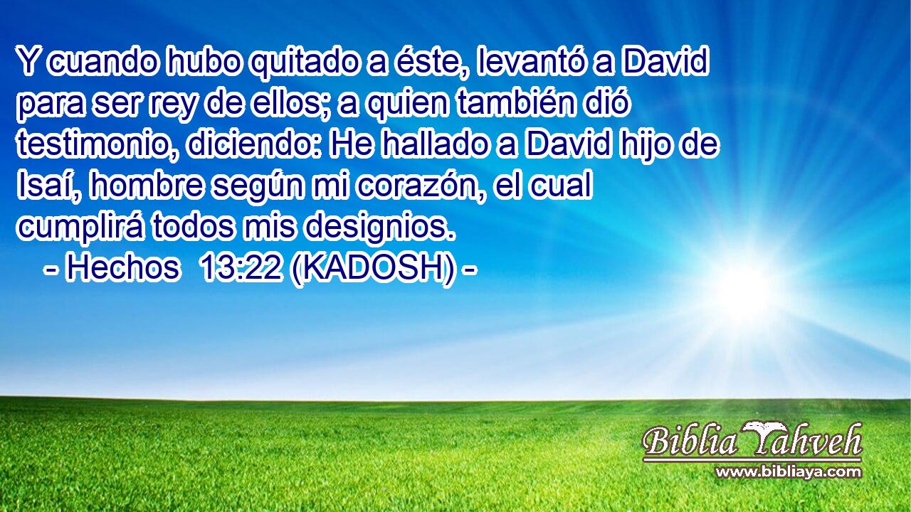  Y cuando hubo quitado a éste, levantó a David para ser rey de ellos; a quien también dió testimonio, diciendo: He hallado a David hijo de Isaí, hombre según mi corazón, el cual cumplirá todos mis designios. 