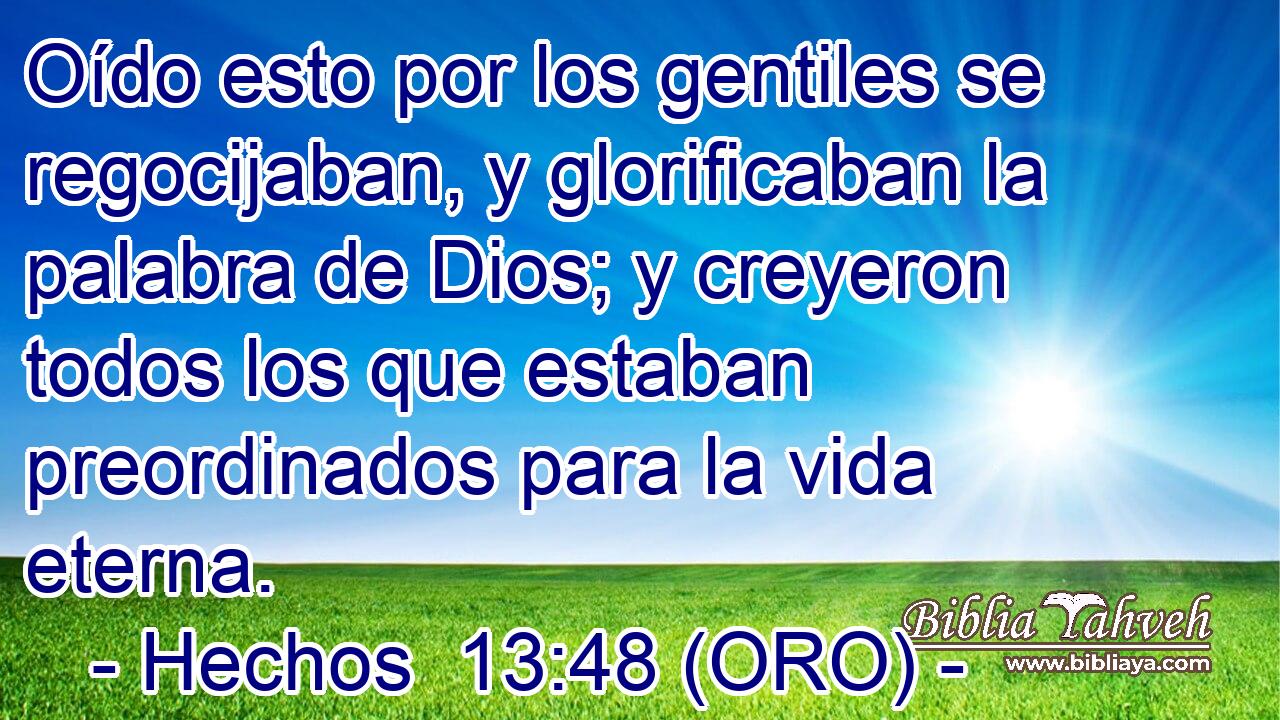  Oído esto por los gentiles se regocijaban, y glorificaban la palabra de Dios; y creyeron todos los que estaban preordinados para la vida eterna. 