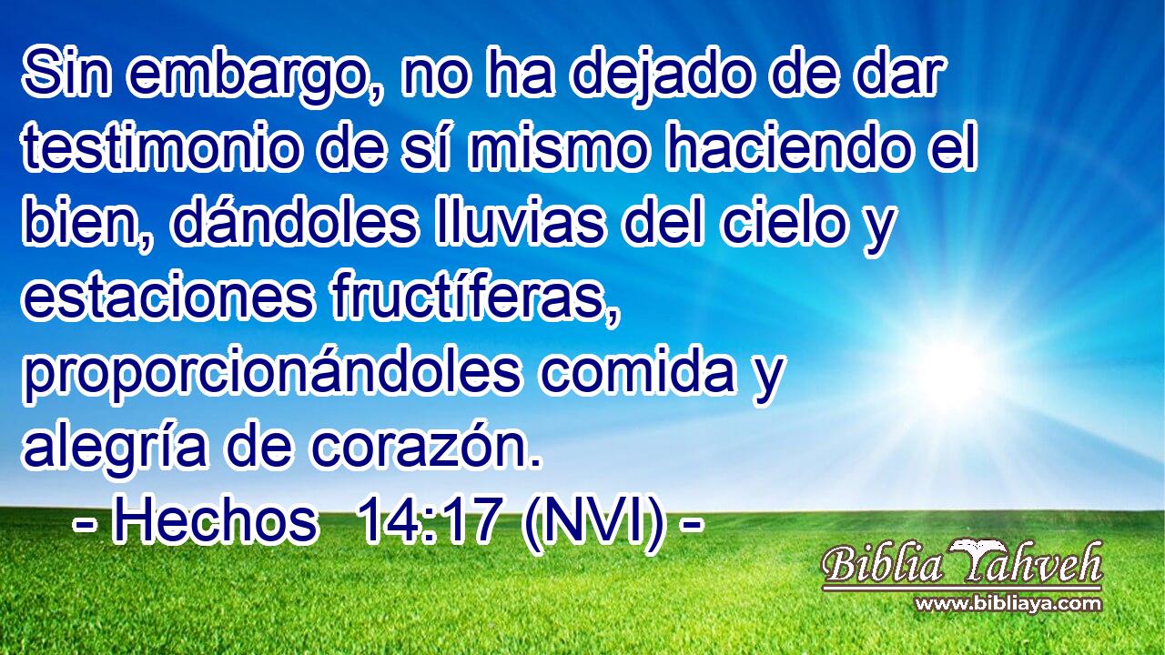  Sin embargo, no ha dejado de dar testimonio de sí mismo haciendo el bien, dándoles lluvias del cielo y estaciones fructíferas, proporcionándoles comida y alegría de corazón. 