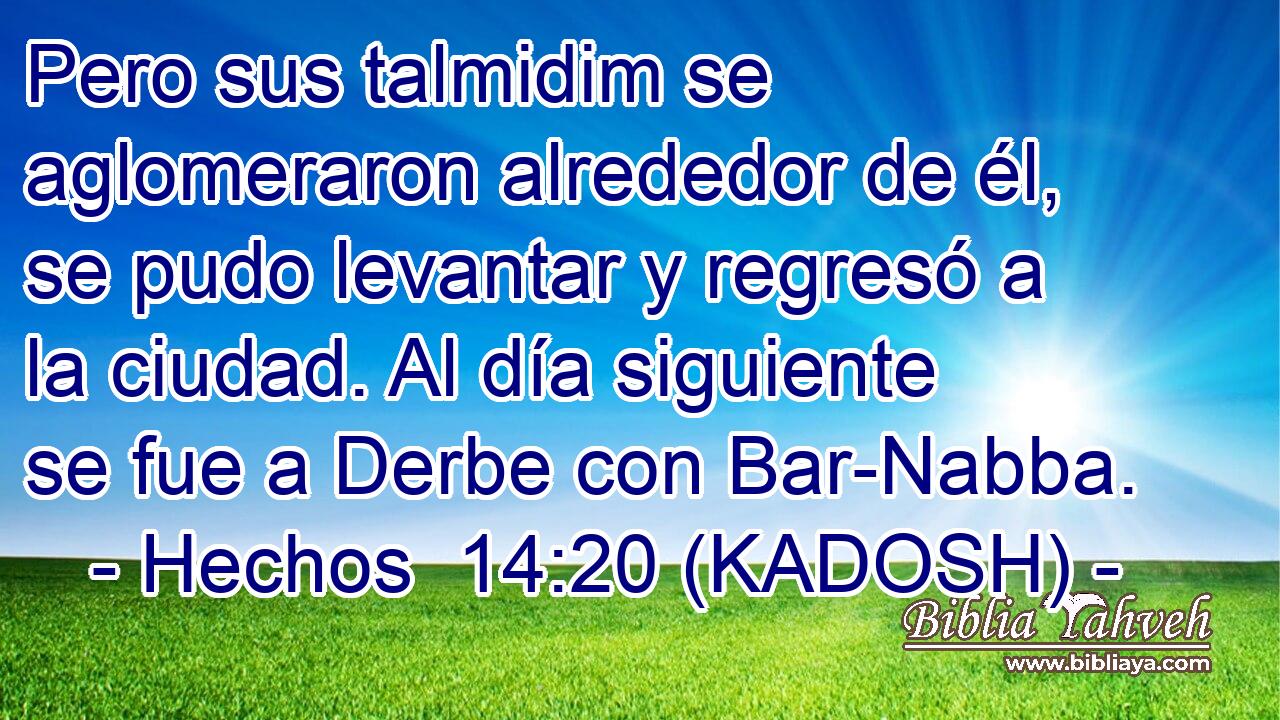  Pero sus talmidim se aglomeraron alrededor de él, se pudo levantar y regresó a la ciudad. Al día siguiente se fue a Derbe con Bar-Nabba. 