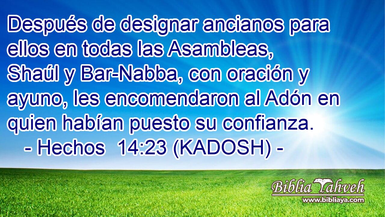  Después de designar ancianos para ellos en todas las Asambleas, Shaúl y Bar-Nabba, con oración y ayuno, les encomendaron al Adón en quien habían puesto su confianza. 