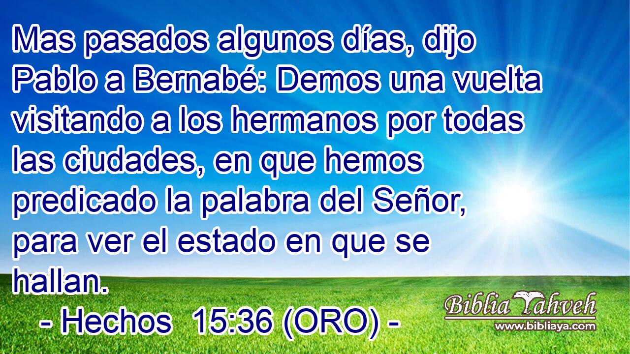  Mas pasados algunos días, dijo Pablo a Bernabé: Demos una vuelta visitando a los hermanos por todas las ciudades, en que hemos predicado la palabra del Señor, para ver el estado en que se hallan. 