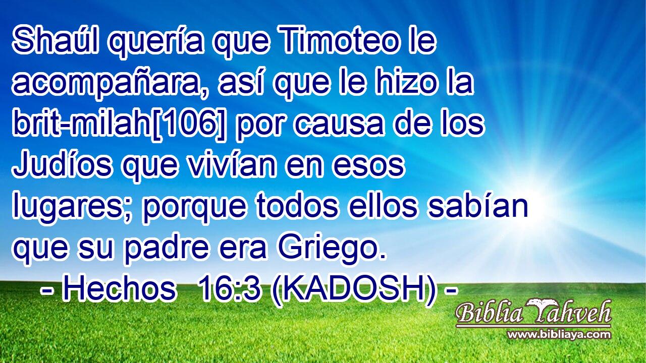  Shaúl quería que Timoteo le acompañara, así que le hizo la brit-milah[106] por causa de los Judíos que vivían en esos lugares; porque todos ellos sabían que su padre era Griego. 