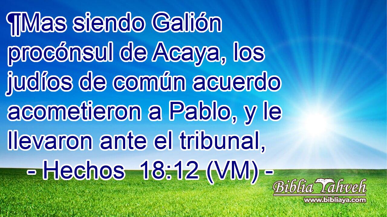  ¶Mas siendo Galión procónsul de Acaya, los judíos de común acuerdo acometieron a Pablo, y le llevaron ante el tribunal, 