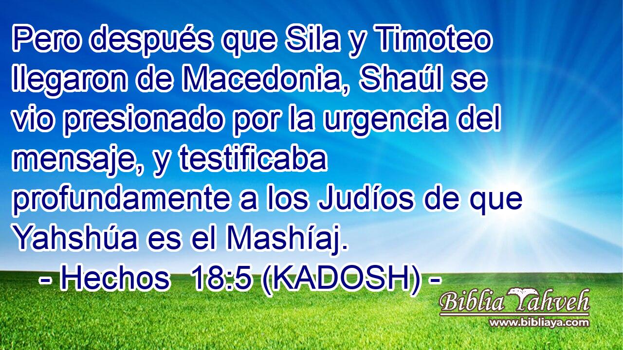  Pero después que Sila y Timoteo llegaron de Macedonia, Shaúl se vio presionado por la urgencia del mensaje, y testificaba profundamente a los Judíos de que Yahshúa es el Mashíaj. 