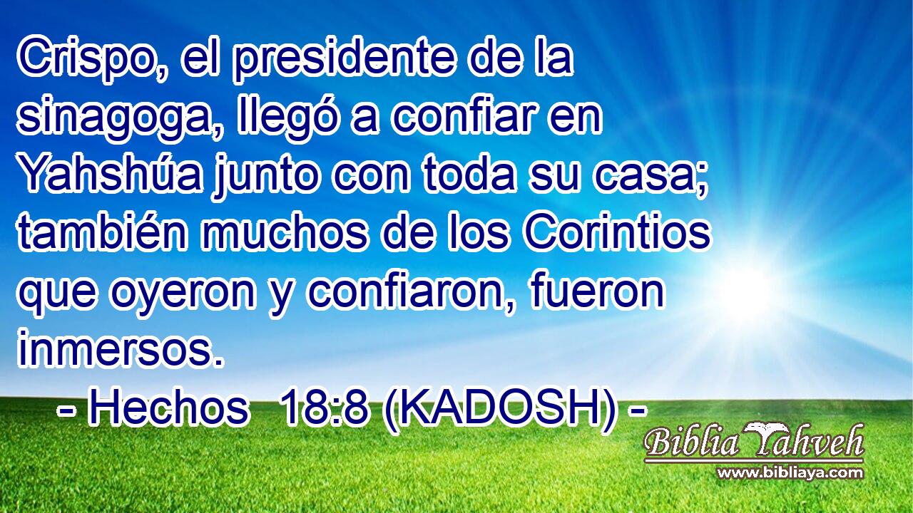  Crispo, el presidente de la sinagoga, llegó a confiar en Yahshúa junto con toda su casa; también muchos de los Corintios que oyeron y confiaron, fueron inmersos. 