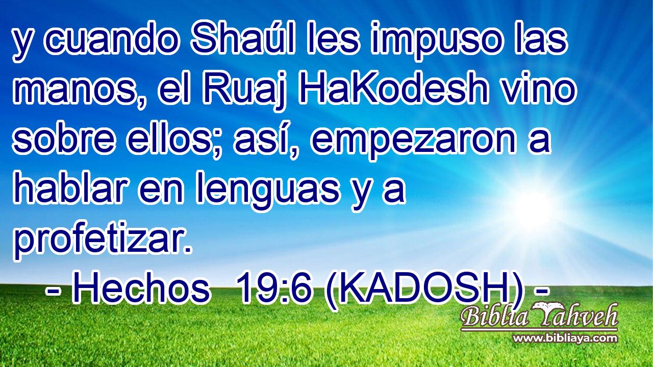  y cuando Shaúl les impuso las manos, el Ruaj HaKodesh vino sobre ellos; así, empezaron a hablar en lenguas y a profetizar. 