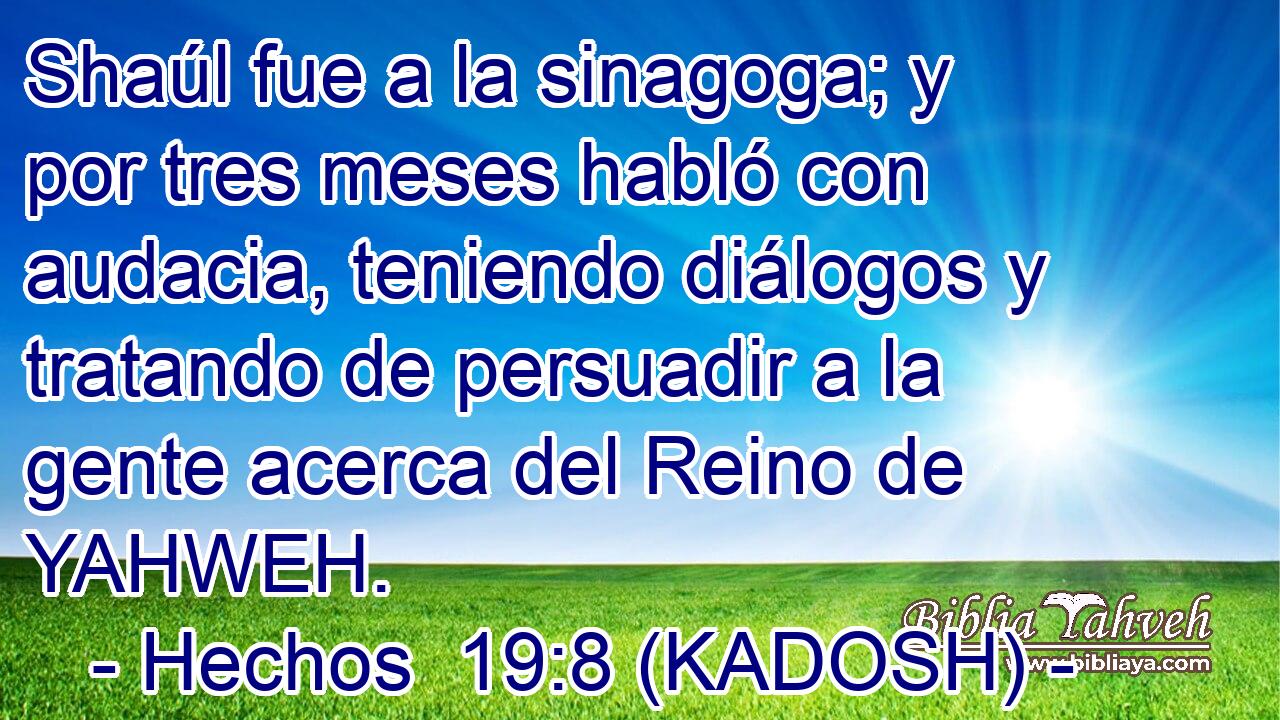  Shaúl fue a la sinagoga; y por tres meses habló con audacia, teniendo diálogos y tratando de persuadir a la gente acerca del Reino de YAHWEH. 