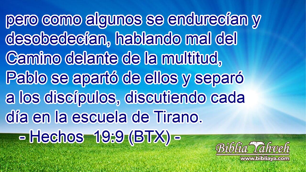 pero como algunos se endurecían y desobedecían, hablando mal del Camino delante de la multitud, Pablo se apartó de ellos y separó a los discípulos, discutiendo cada día en la escuela de Tirano.