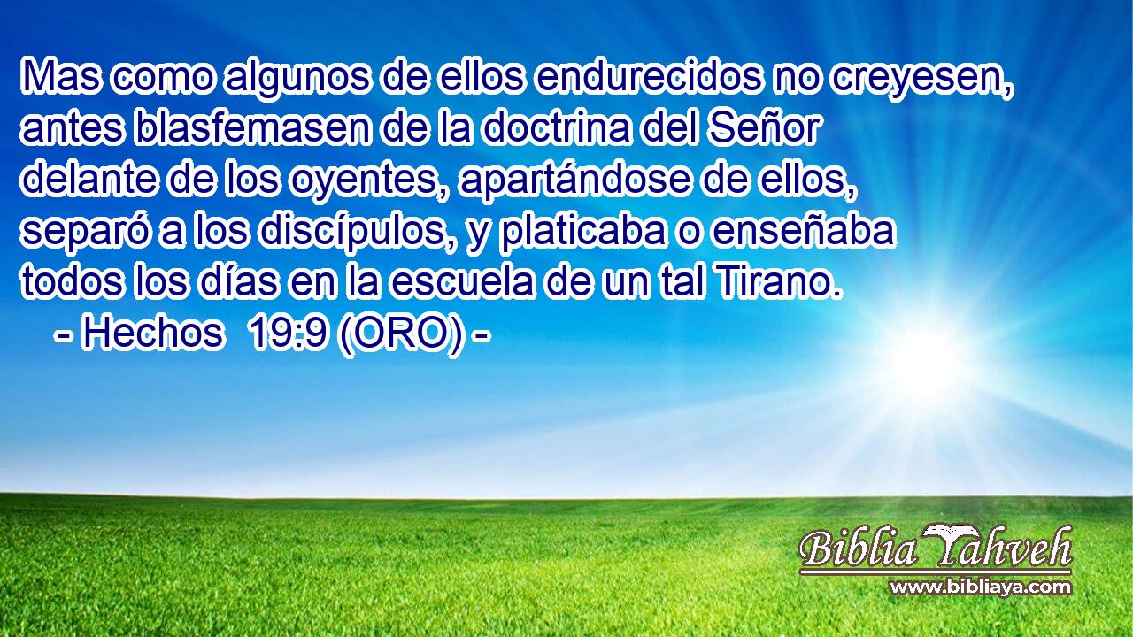  Mas como algunos de ellos endurecidos no creyesen, antes blasfemasen de la doctrina del Señor delante de los oyentes, apartándose de ellos, separó a los discípulos, y platicaba o enseñaba todos los días en la escuela de un tal Tirano. 