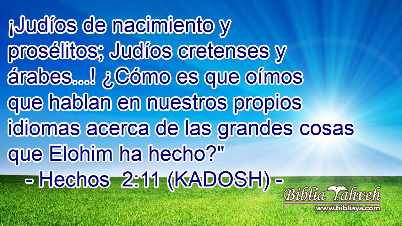  ¡Judíos de nacimiento y prosélitos; Judíos cretenses y árabes...! ¿Cómo es que oímos que hablan en nuestros propios idiomas acerca de las grandes cosas que Elohim ha hecho?