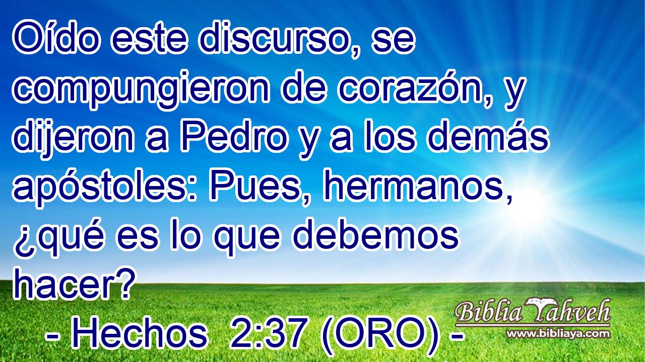  Oído este discurso, se compungieron de corazón, y dijeron a Pedro y a los demás apóstoles: Pues, hermanos, ¿qué es lo que debemos hacer? 
